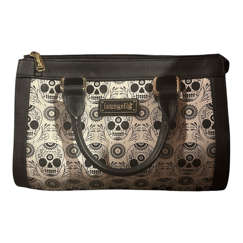 Loungefly Black & Cream Sugar Skull Satchel Bag with Gold Accents - Picture 1 of 1